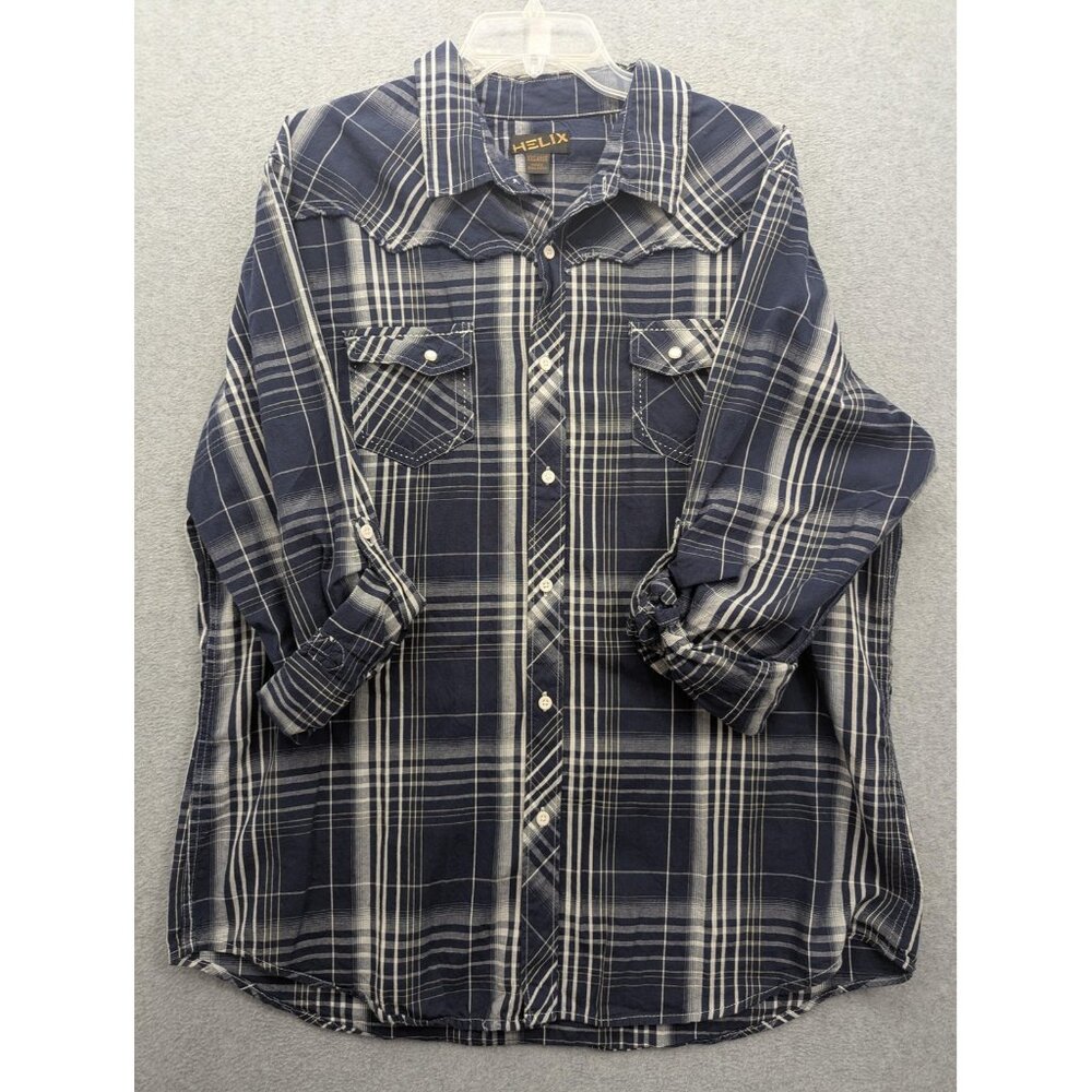 Helix Shirt Mens 2XL Blue White Plaid Western Pearl Snap Long Sleeve Cotton